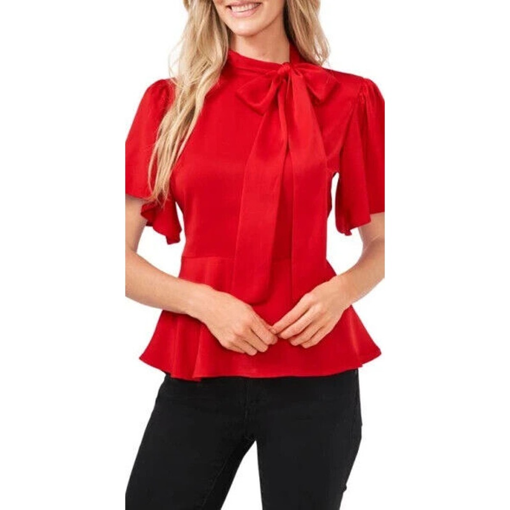 CeCe Women's Red Tie-Neck Peplum Short-Sleeve Blouse Top Size XL